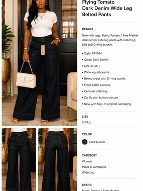 Flying Tomato Dark Denim Wide Leg Belted Jeans for Women